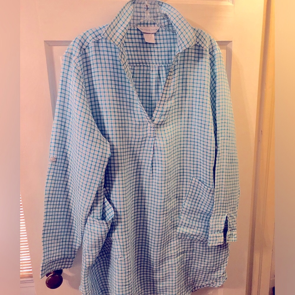 Company Store turquoise and white check tunic L